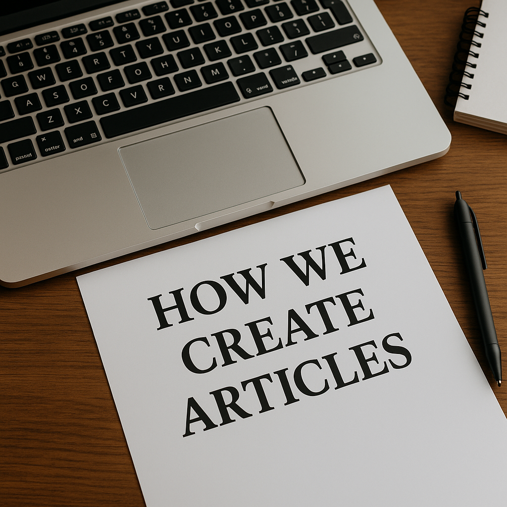 Schreibtisch mit aufgeklapptem Laptop, einem Blatt Papier mit der Aufschrift „How We Create Articles“ und einem schwarzen Stift – sinnbildlich für den Prozess der Artikelerstellung bei Primalean.