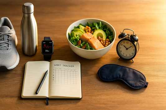 Symbolfoto Longevity: Jogger im Morgenlicht, Hanteln und Schüssel mit Gemüse/Nüssen, Wecker – Fokus auf Bewegung, Ernährung, Schlaf.