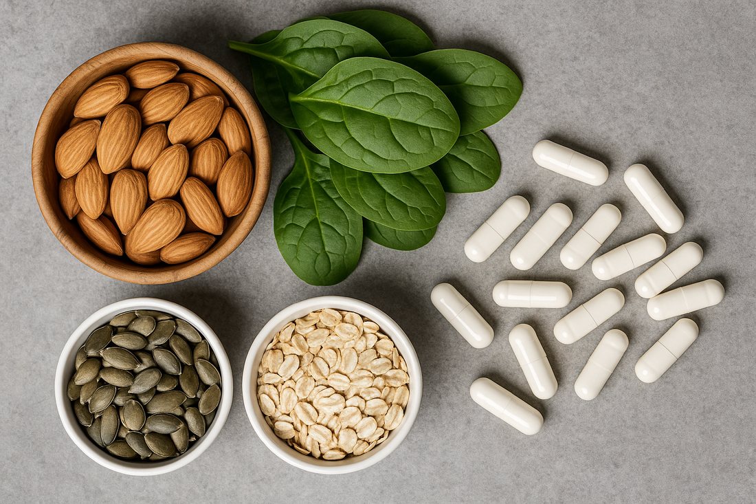 Infografik zu Magnesium: Tagesbedarf 300–350 mg, magnesiumreiche Lebensmittel, Funktionen für Muskeln/Nerven, Krämpfe: Elektrolyt-Balance und ausreichende Flüssigkeit.