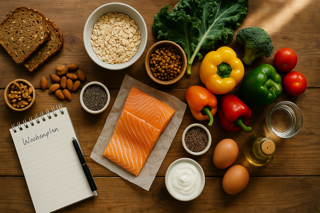 Wocheneinkauf mit Vollkorn, Hülsenfrüchten, buntem Gemüse, Nüssen und fettem Fisch auf einem Holztisch – Symbol für nährstoffreiche Basisernährung.