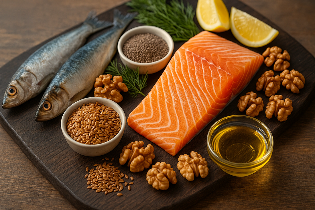 Teller mit Lachs, Walnüssen, Leinsamen und einem kleinen Schälchen Öl auf Holz – natürliche Omega-3-Quellen (EPA, DHA, ALA).