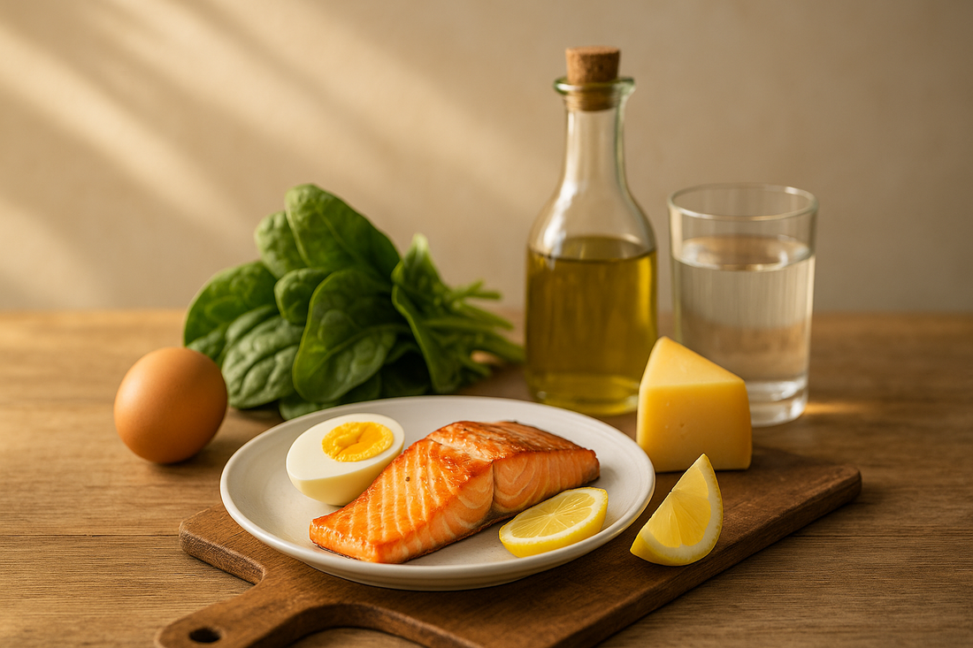 Sonne als Symbol für Vitamin-D-Synthese, daneben Fettfisch, Ei und Blattgemüse für D3/K2 – sinnbildlich für Thema Vitamin D3 & K2.