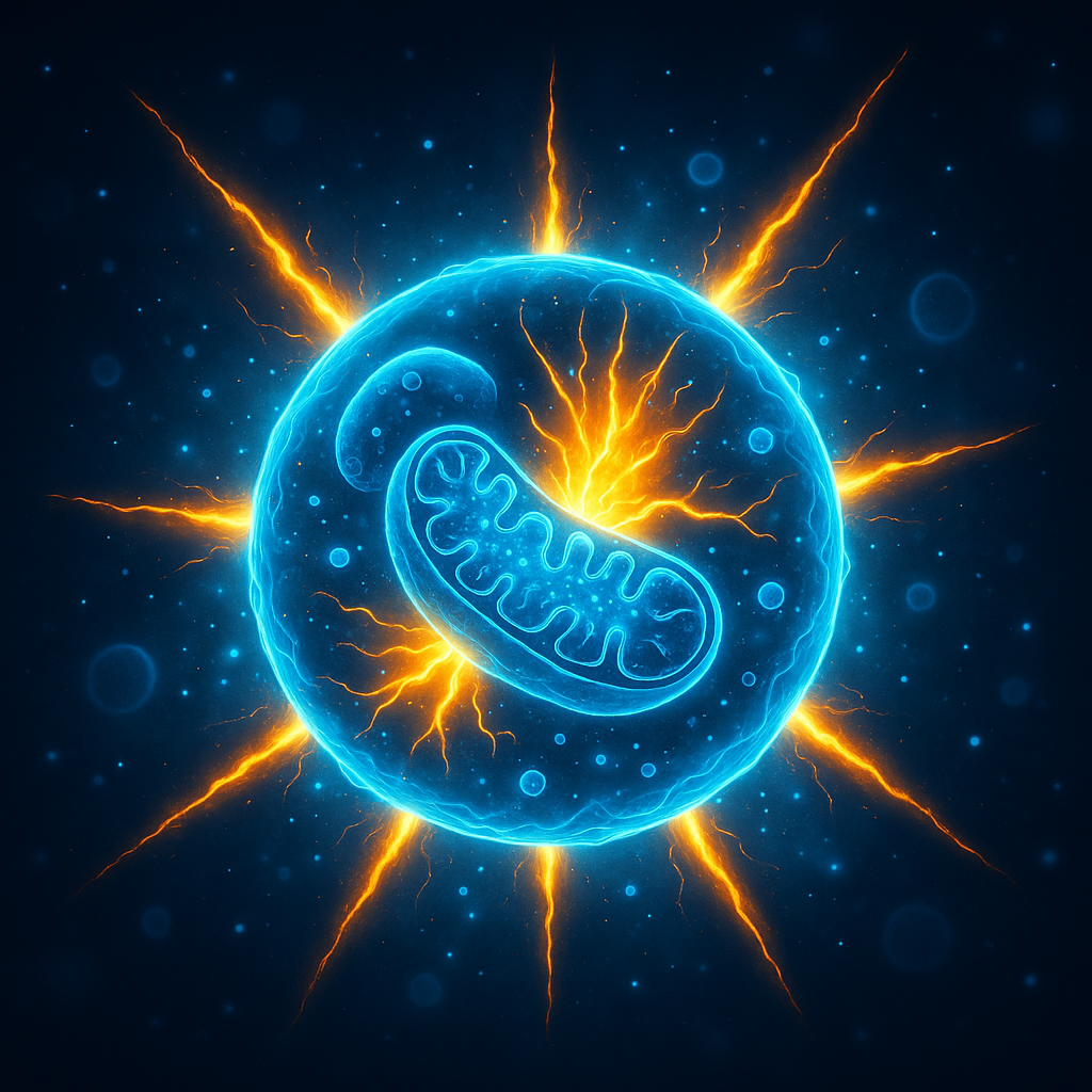 Symbolbild der Zellenergie: leuchtendes Mitochondrium in einer Zelle, umgeben von energieförmigen Strahlen.