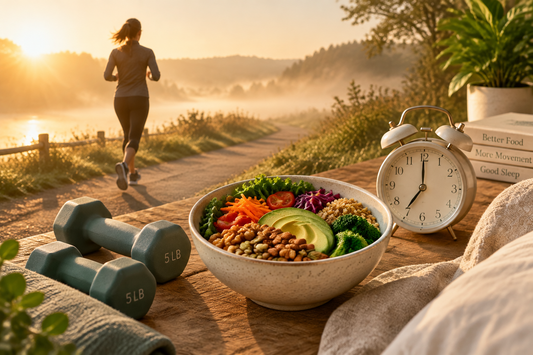 Jogger im Morgenlicht, Hanteln, Schüssel mit Gemüse und Nüssen und ein Wecker als Symbol für Bewegung, Ernährung und Schlaf