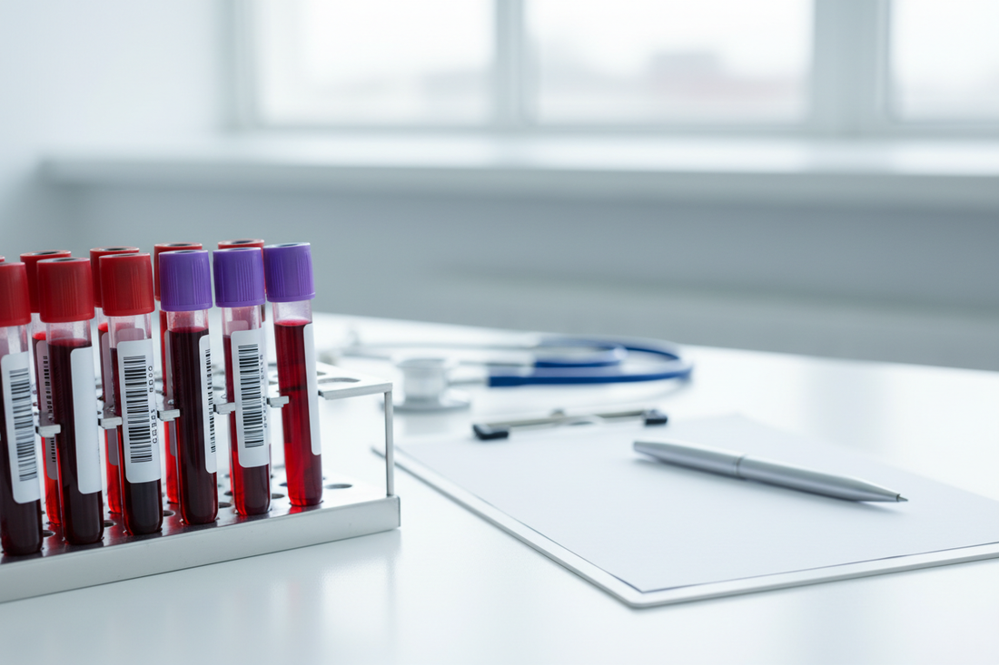 Labor-Setup mit Blutprobenröhrchen und Notizblock als Symbol für die Abklärung von Ferritin- und Eisenwerten bei Müdigkeit.