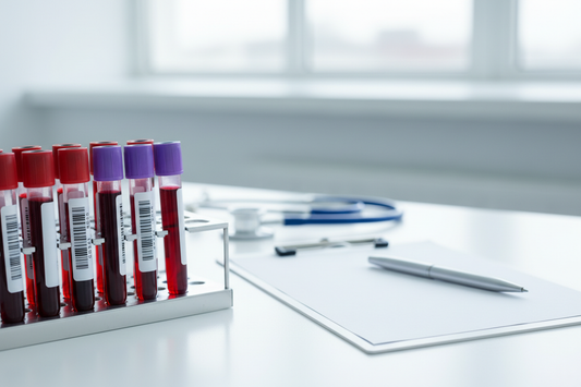 Labor-Setup mit Blutprobenröhrchen und Notizblock als Symbol für die Abklärung von Ferritin- und Eisenwerten bei Müdigkeit.