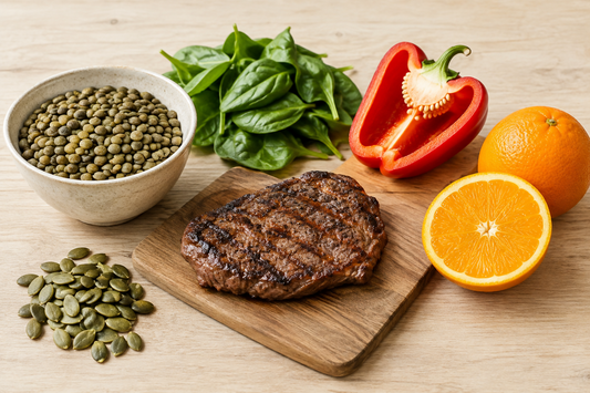  Eisenreiche Lebensmittel auf einem Holztisch: Linsen, Kürbiskerne, Rindfleisch und Spinat, dazu Paprika und Orange als Vitamin-C-Quellen