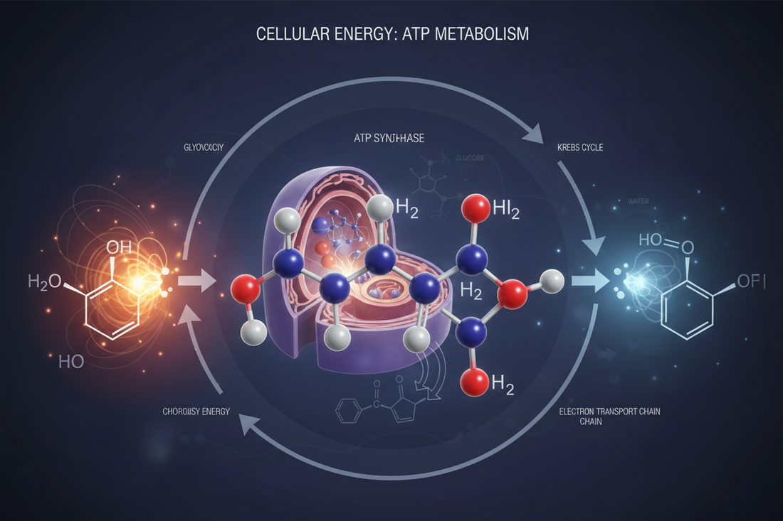 Schematische Darstellung des ATP-Stoffwechsels: Phosphokreatin-Puffer, Glykolyse und mitochondriale Oxidation mit ATP-Synthase
