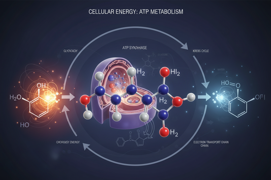 Schematische Darstellung des ATP-Stoffwechsels: Phosphokreatin-Puffer, Glykolyse und mitochondriale Oxidation mit ATP-Synthase