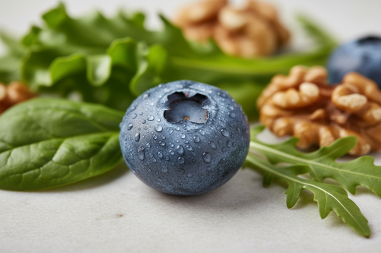 Heidelbeere mit Wassertröpfchen neben Blattgrün und Walnüssen als Symbol für antioxidativ-reiche Ernährung.