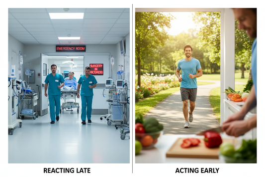 Geteiltes Bild: links Krankenhaus als Reparaturmedizin, rechts aktive Person mit gesunder Ernährung und Bewegung als Symbol für Prävention.