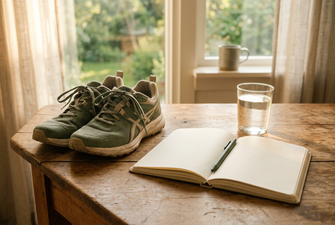 Laufschuhe, Wasserglas und Notizbuch auf einem Holztisch im Morgenlicht