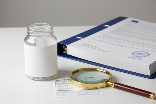 Lupe über einem neutralen Supplement-Etikett neben einem EU-Dokument – Symbolbild für Health Claims, Zulassung und Grenzen von Gesundheitsangaben.