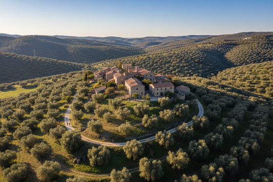 Blue Zones: Luftaufnahme einer mediterranen Küstenstadt mit Hügeln und Wanderwegen – Symbol für Alltagbewegung und Lebensstilfaktoren der Langlebigkeit.