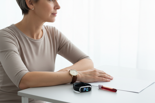 Symbolbild mit Uhr, Fitness-Tracker und Labor-Elementen als Metapher für chronologisches Alter, Fitnessalter und biologisches Alter.