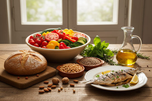 Mediterrane Ernährung: Olivenöl, Gemüse, Hülsenfrüchte, Vollkornbrot, Nüsse und Fisch auf einem Tisch angerichtet.
