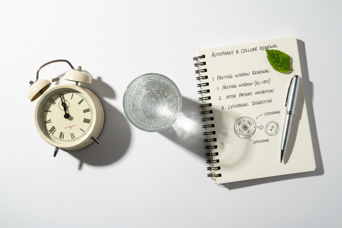 Glas Wasser und Uhr als Zeichen für Essenspausen und Zellrecycling