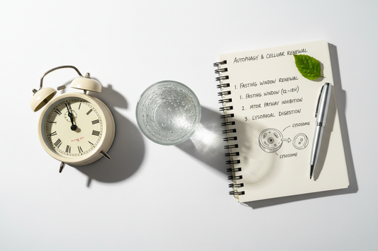 Glas Wasser und Uhr als Zeichen für Essenspausen und Zellrecycling
