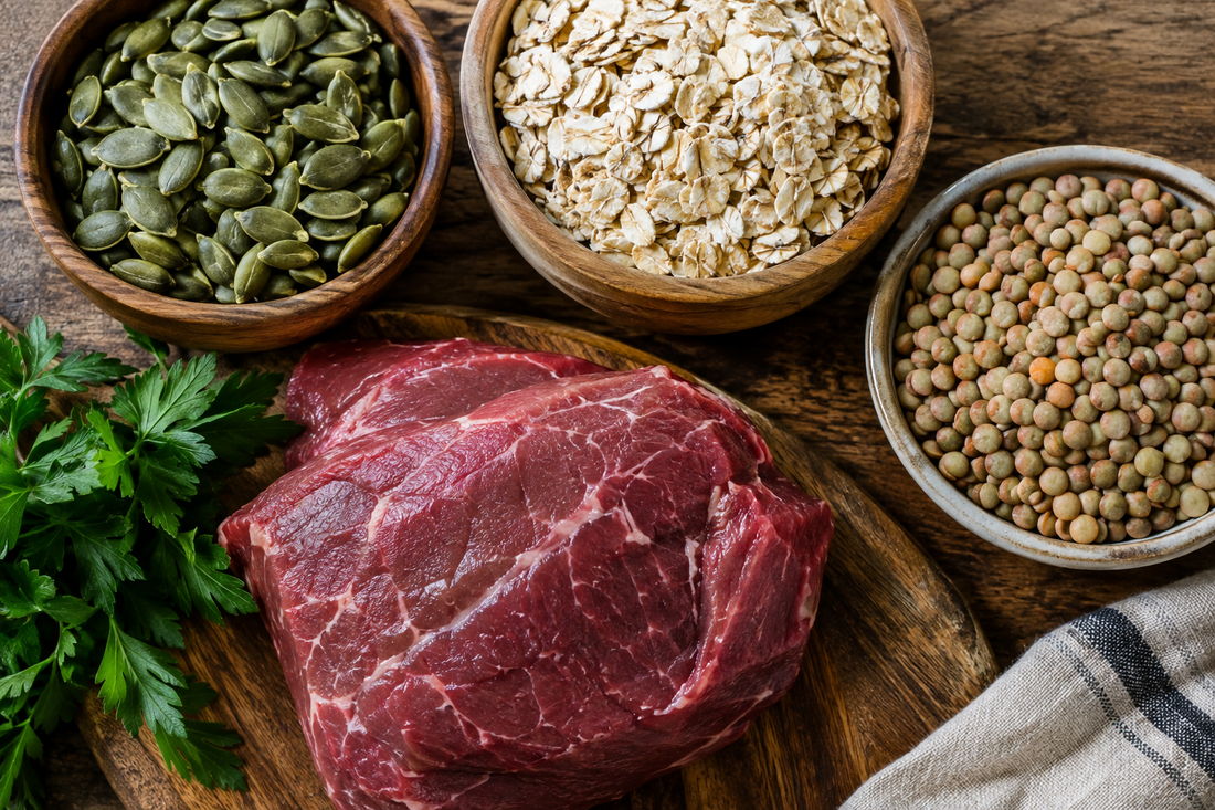 Zinkreiche Lebensmittel wie Kürbiskerne, Haferflocken, Linsen und Rindfleisch auf einem Holztisch als Symbolbild für Zink