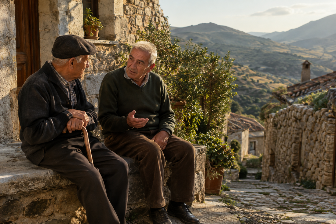  Zwei ältere Männer im Gespräch auf einer Steinbank in einem Bergdorf auf Sardinien, einer der bekannten Blue Zones
