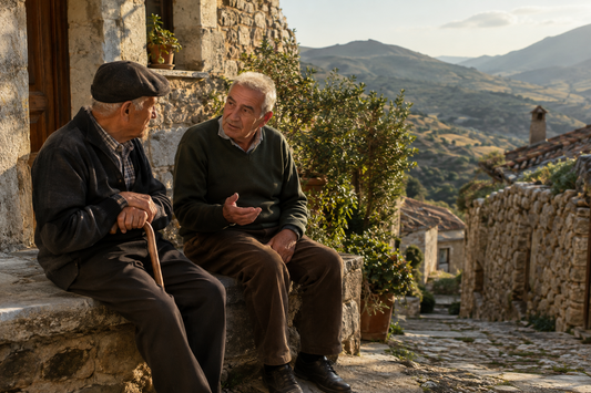 Zwei ältere Männer im Gespräch auf einer Steinbank in einem Bergdorf auf Sardinien, einer der bekannten Blue Zones